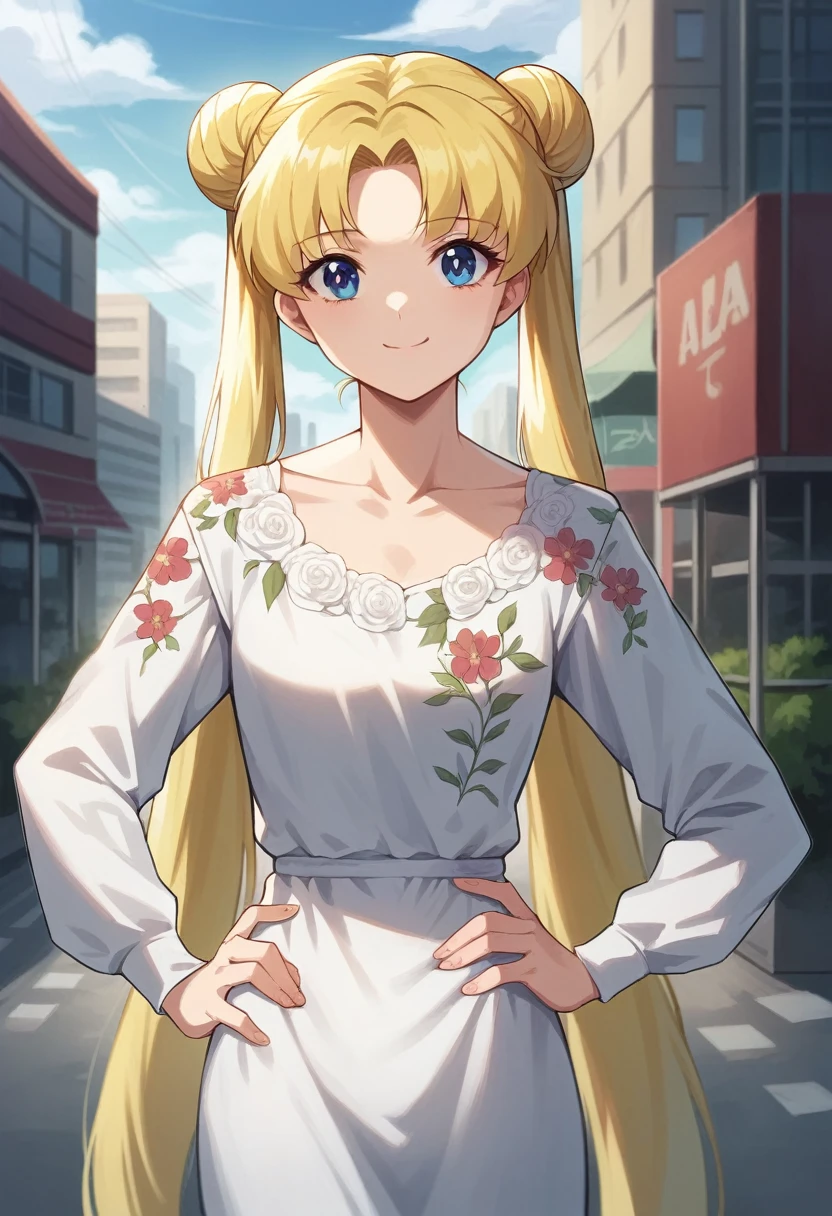 tsukino_usagi, (masterpiece, best quality, very aesthetic, ultra detailed), intricate details, 4k, 1girl, solo, aausagi, long hair, blonde hair, double bun, twintails, parted bangs, blue eyes, blue eyes, white dress, floral print, collarbone, long sleeve, looking at viewer, closed mouth, smile, outdoors, city, day, standing, peace, hand on hip,