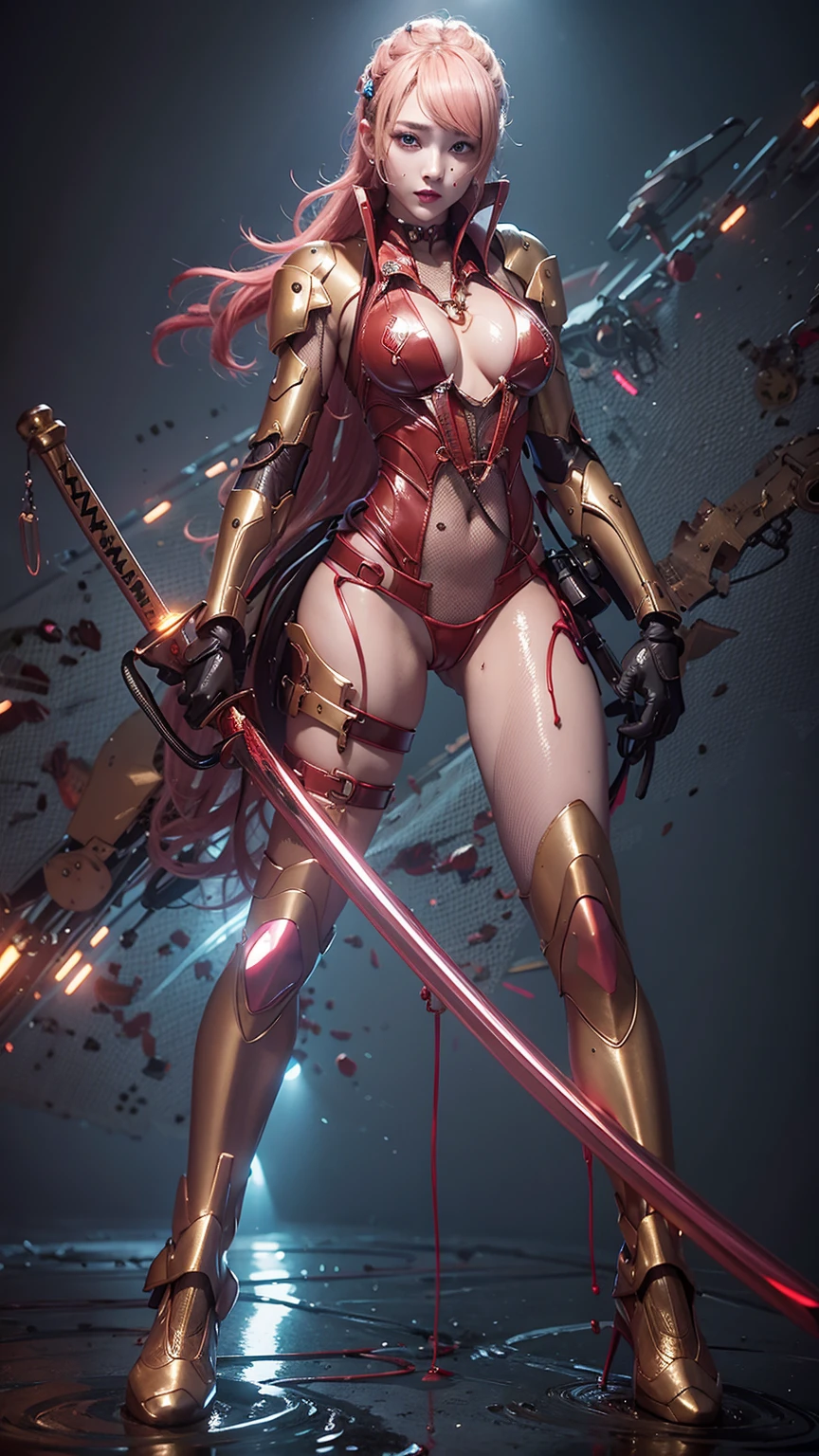 Highest quality、Surreal、Perfect Anatomy、In a crowded shopping mall、Wet and shiny white skin、Sweat dripping all over the body、Small face、Model Body Type、Golden and pink hair、Black micro bikini、blush、Collars and Leads、Japanese sword、Heart shaped decoration、Cyberpunk City、Dripping blood、