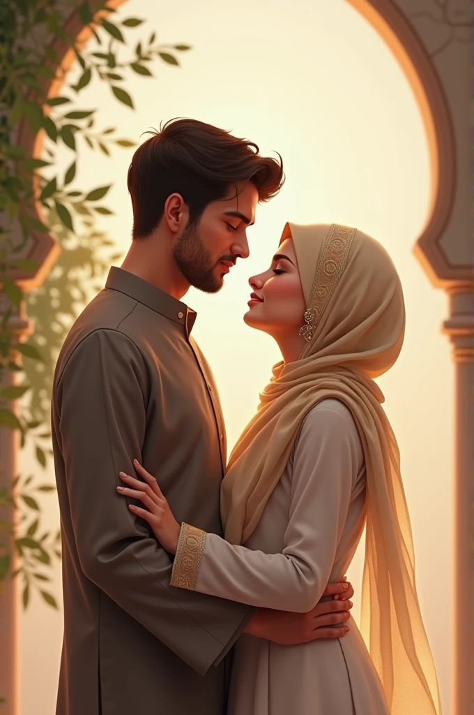 একটি ইসলামিক যুবক নিজের স্ত্রীকে বুকে জড়িয়ে ধরে শান্তি অনুভব করছে সেই ছবি সুন্দর দেখতে