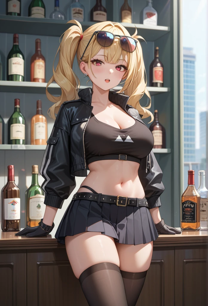 A girl in a black jacket and shorts is standing beside a bottle,  1 girl, Alone, skirt, cropped  jacket,  jacket, open  jacket, Absolute territory,Big Breasts、 breast, black skirt, pleated skirt, belly button,  watching viewers , abdomen, Open the clothes, Thighs丈, Glasses on head, stomach, Gloves, black crop top,  Twin Tails, sunglasses,  clevis, miniskirt,  skin pattern , Thighs, black  jacket,  long sleeve , belt,  red eyes, black Thighs丈、Blonde、nsfw、1 boy,  penis、vaginal,sex