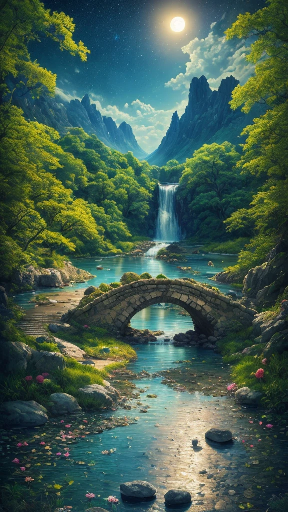 (((masterpiece))),  is the best quality,  high quality ,  extremely detailed  CG unity 8k wallpaper, landscape, Outdoors, Sky, cloud,  no one, Mountain, landscape, water, Tree, blue Sky, waterfall, cliff, Nature, lake, river, cloudy Sky, Award-winning Photography , Bokeh, Depth of Field, HDR, bloom, Chromatic Aberration , Photorealistic, extremely detailed ,  is trending on ArtStation ,  Trends on CGSociety,  intricacies of meditation, high detail, dramatic,  Midjourney's Artwork , tall waterfall, painting of a river with rocks and Trees in the foreground,  near a river, landscape, jungle, waterfall, crystal clear water,  Night Light ,((Full Moon)),  colorful , river with rocks, Stone Bridge, epic, fantasy, (( roses and flowers on the shore of the pond )), ((painting)), moon landscape reflected in river, ((Stone Bridge))