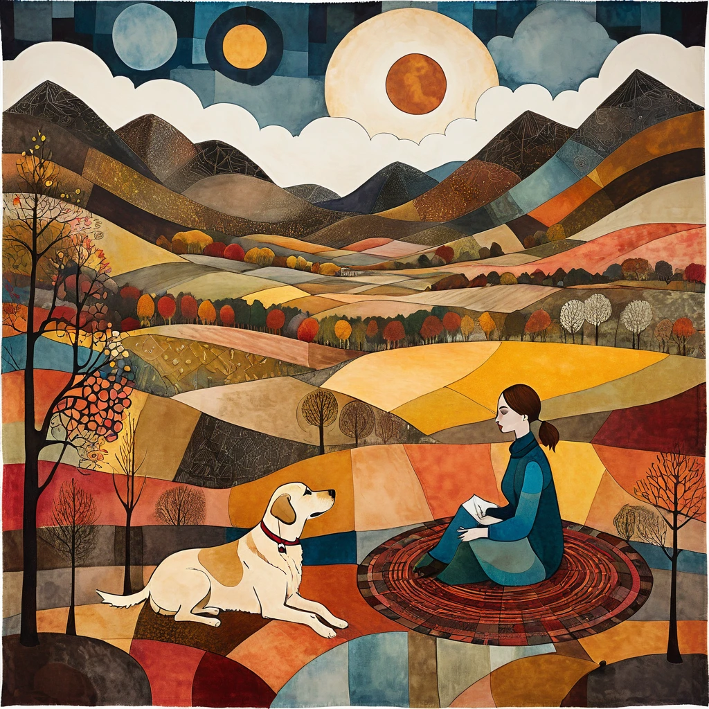 in the clearing of a forest, late autumn, a woman is sitting, along with her ((brown)) dog labrador, on a wide patchwork blanket. Behind it opens a large valley with high snowy mountains. Clouds and sun, in the shape of a disk, with irregular geometric patterns. Warm and cold colors. surreal art, art brut, whimsical, gloomy, desaturated colors, in the style of Paul Klee, Arthur Rackham.
