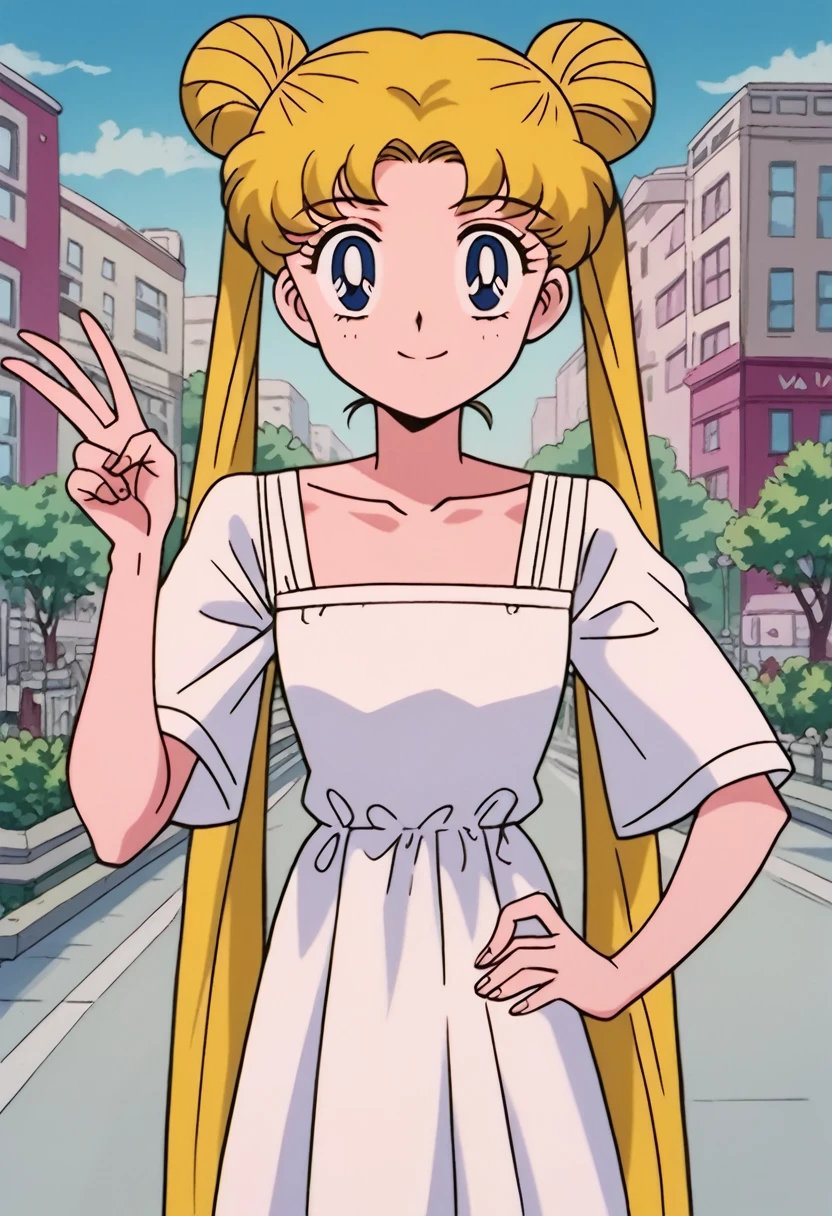 tsukino_usagi, (masterpiece, best quality, very aesthetic, ultra detailed), intricate details, 4k, 1girl, solo, aausagi, long hair, blonde hair, double bun, twintails, parted bangs, blue eyes, blue eyes, white dress, floral print, collarbone, 3/4 sleeve, looking at viewer, closed mouth, smile, outdoors, city, day, standing, peace, hand on hip,