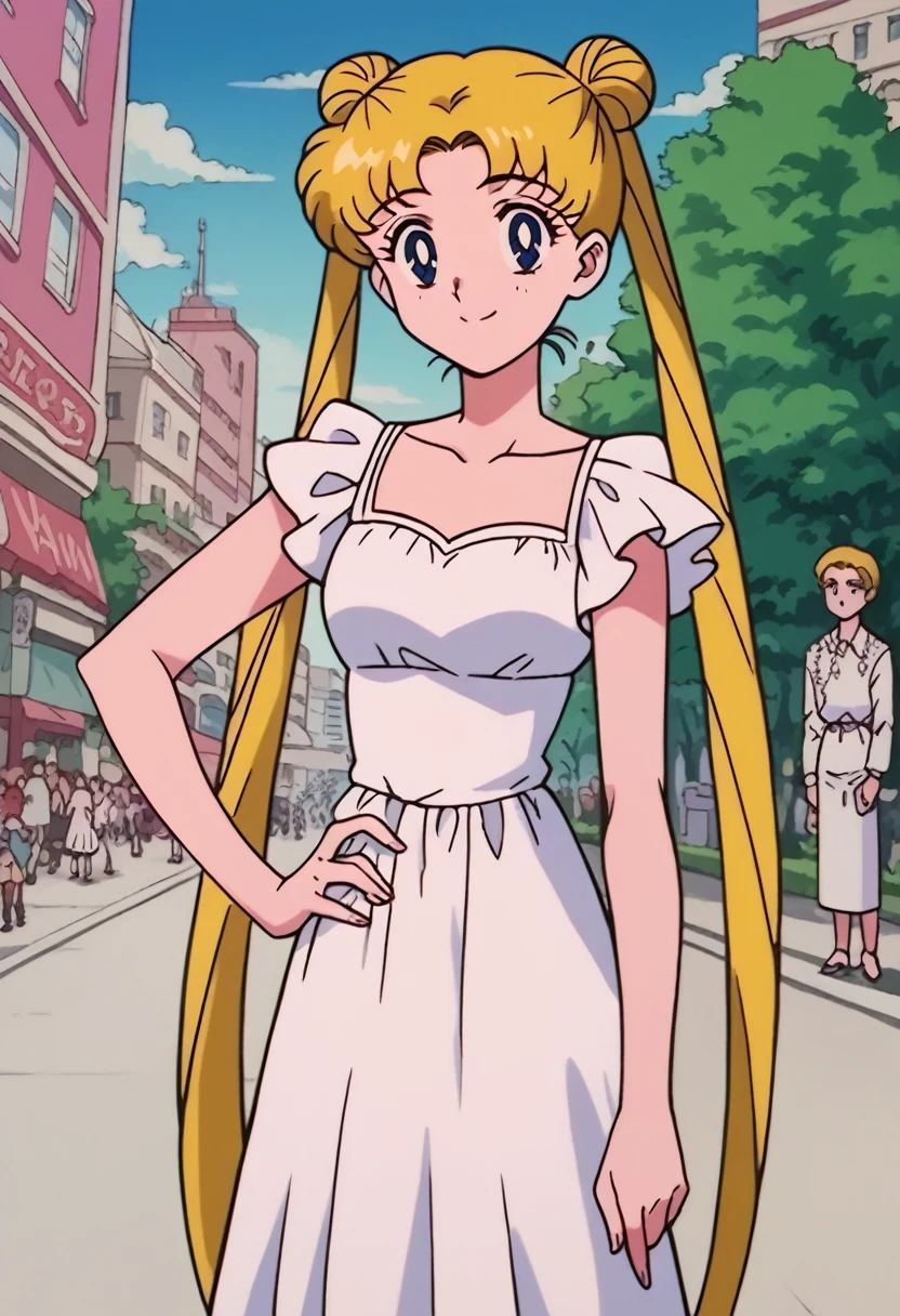 tsukino_usagi, (masterpiece, best quality, very aesthetic, ultra detailed), intricate details, 4k, 1girl, solo, aausagi, long hair, blonde hair, double bun, twintails, parted bangs, blue eyes, blue eyes, white dress, floral print, collarbone, 3/4 sleeve, looking at viewer, closed mouth, smile, outdoors, city, day, standing, peace, hand on hip,