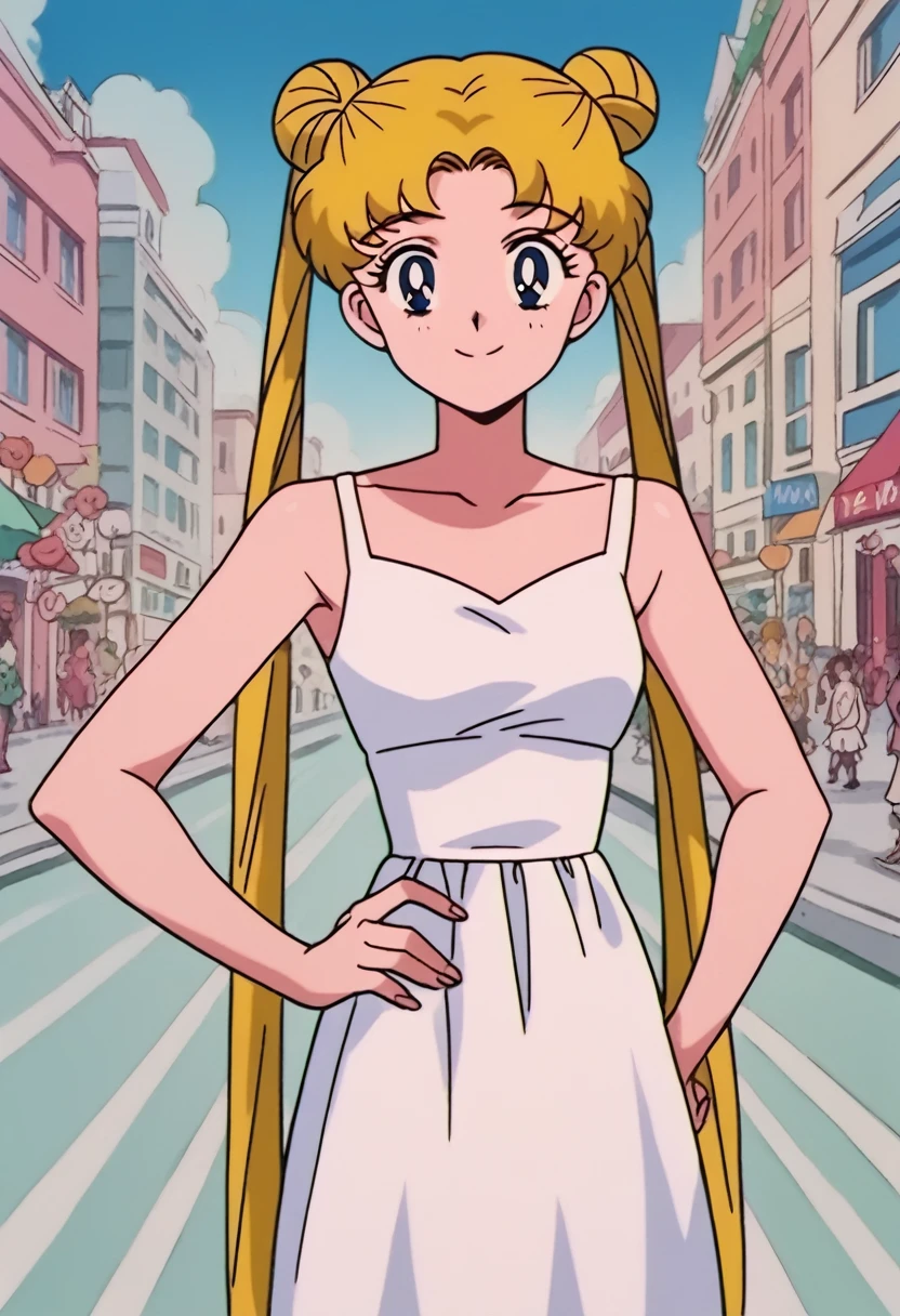 tsukino_usagi, (masterpiece, best quality, very aesthetic, ultra detailed), intricate details, 4k, 1girl, solo, aausagi, long hair, blonde hair, double bun, twintails, parted bangs, blue eyes, blue eyes, white dress, floral print, collarbone, 3/4 sleeve, looking at viewer, closed mouth, smile, outdoors, city, day, standing, peace, hand on hip,