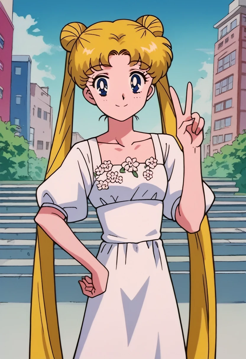 tsukino_usagi, (masterpiece, best quality, very aesthetic, ultra detailed), intricate details, 4k, 1girl, solo, aausagi, long hair, blonde hair, double bun, twintails, parted bangs, blue eyes, blue eyes, white dress, floral print, collarbone, 3/4 sleeve, looking at viewer, closed mouth, smile, outdoors, city, day, standing, peace, hand on hip,