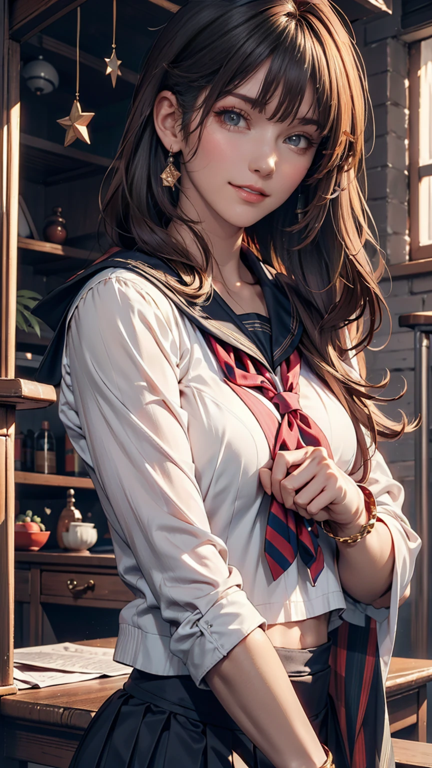 Ichige Style,  1 girl, Alone, Brown Hair, heart,  hair ornament ,  school uniform ,   side ponytail, smile,  watching viewers , Neckerchief,  upper body, heart  hair ornament ,  cardigan , Sailor collar, Seraph, black Sailor collar, bangs, Yellow Eyes,  closed mouth, Long Hair,  Brown Eyes , purple Neckerchief,  stripes background, clavicle,  stripes,  polka dots , star (symbol)