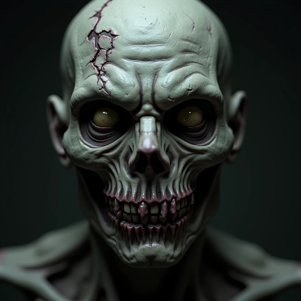 "Create an ultra-realistic close-up image of a zombie. The focus should be on the decayed, rotting flesh with detailed textures like torn skin, exposed bones, and deep, dark wounds. The skin should have a sickly, pale, and greenish hue with patches of dried blood and grime. The eyes should appear hollow and lifeless, possibly with a faint glow or milky texture. The facial expression should be menacing and terrifying, with a partially open mouth revealing broken and jagged teeth. The background should be dark and eerie, with hints of mist or smoke to enhance the horror atmosphere."