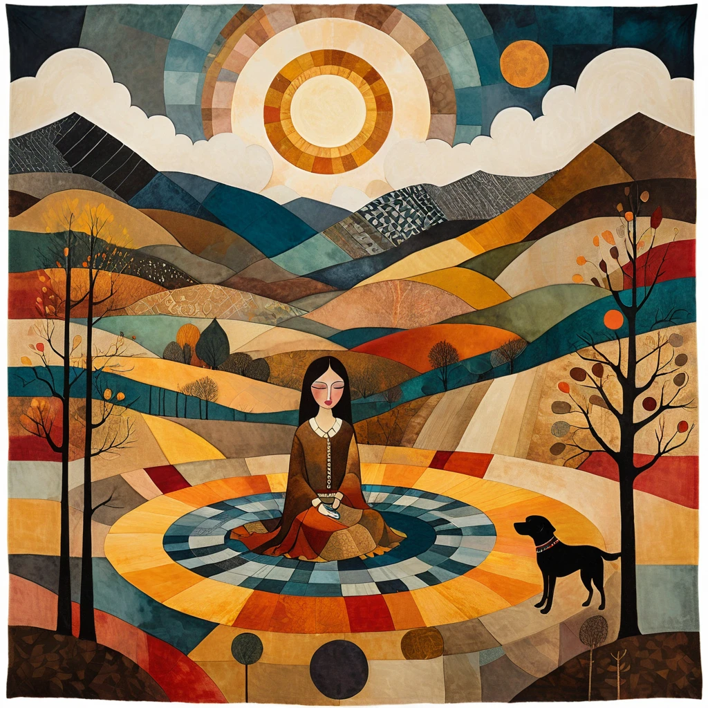 in the clearing of a forest, late autumn, a woman is sitting, along with her ((brown)) dog labrador, on a wide patchwork blanket. Behind it opens a large valley with high snowy mountains. Clouds and sun, in the shape of a disk, with irregular geometric patterns. Warm and cold colors. surreal art, art brut, whimsical, gloomy,  in the style of Paul Klee, Arthur Rackham.
