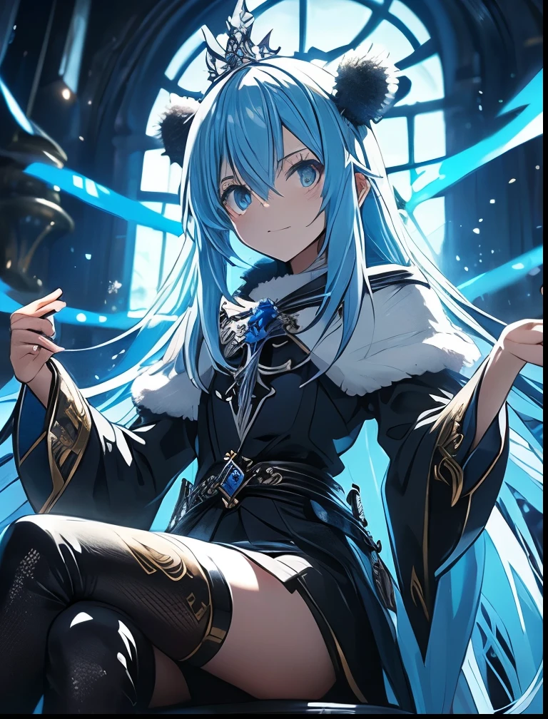（（（ＳＦＷ、Precision、Highest quality、A first-class masterpiece、Normal body、8k、  Detailed Face 、Ultra-precision、 Normal hand、５refer to、Highest）））、-That Time I Got Reincarnated as a Slime-、Rimuru Tempest、Blue and silver hair、Demon King Supremacy 、Black magic from hands、Cross your legs and sit on the throne and stare