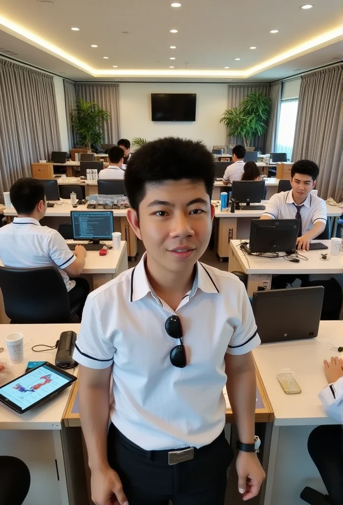 1000 handsome thai young men, with no wrinkles on his forehead , wearing a polo shirt, black slacks, sitting at work lying on a lot of desks, and a lot of work on the computer on iPads in a luxurious room.