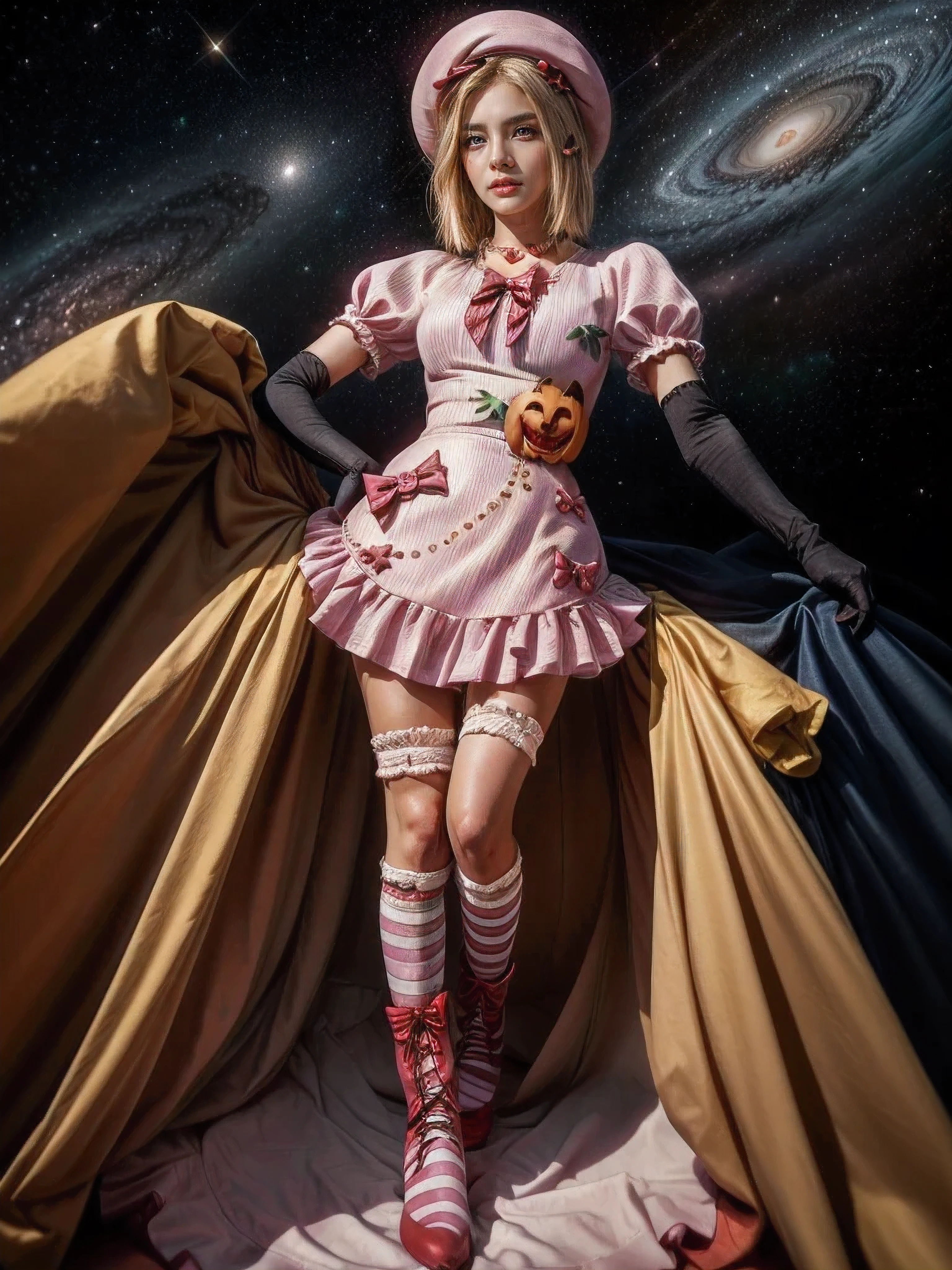 (1 lady), The beautiful, (Best quality at best:1.4), (ultra - detailed), (extremely detailed CG unified 16k), gold blonde hair, very detailed, High-definition RAW color photo, professional photoshooting, amazing face and eyes, cosmetics, (amazingly beautiful girl), ((lambdadelta, taller, tall woman)), ((dress, shoes bow, red shoes, striped stockings, red bow, pink hat, necklace, gloves, pearl, pumpkin brooch, pink dress)), levitating in a cute posture (floating in the air), (She's levitating in a cosmic sea, outer space:1.3, quantum hyperspace room lacking walls, hyperspace chamber, extremely detailed background, a lot of details background, realistic background), (look from above), realistic cinematic face, head to feet long wide zoomed out view, full body long view, photorealistic, ((realistic natural blonde hair style, red eyes)), gorgeous, extremely beautiful face, perfect model beauty, pout mouth, Highly Detailed Face and Skin Texture, Detailed Eyes, Double Eyelids, Big Breasts, Persistent Stare, Faith Trance, (mystical stare, looking eternity), (masterpiece), best quality, high resolution, depth of field, cinematic lighting, amazing legs, pink combat boots, clear and well-cared skin