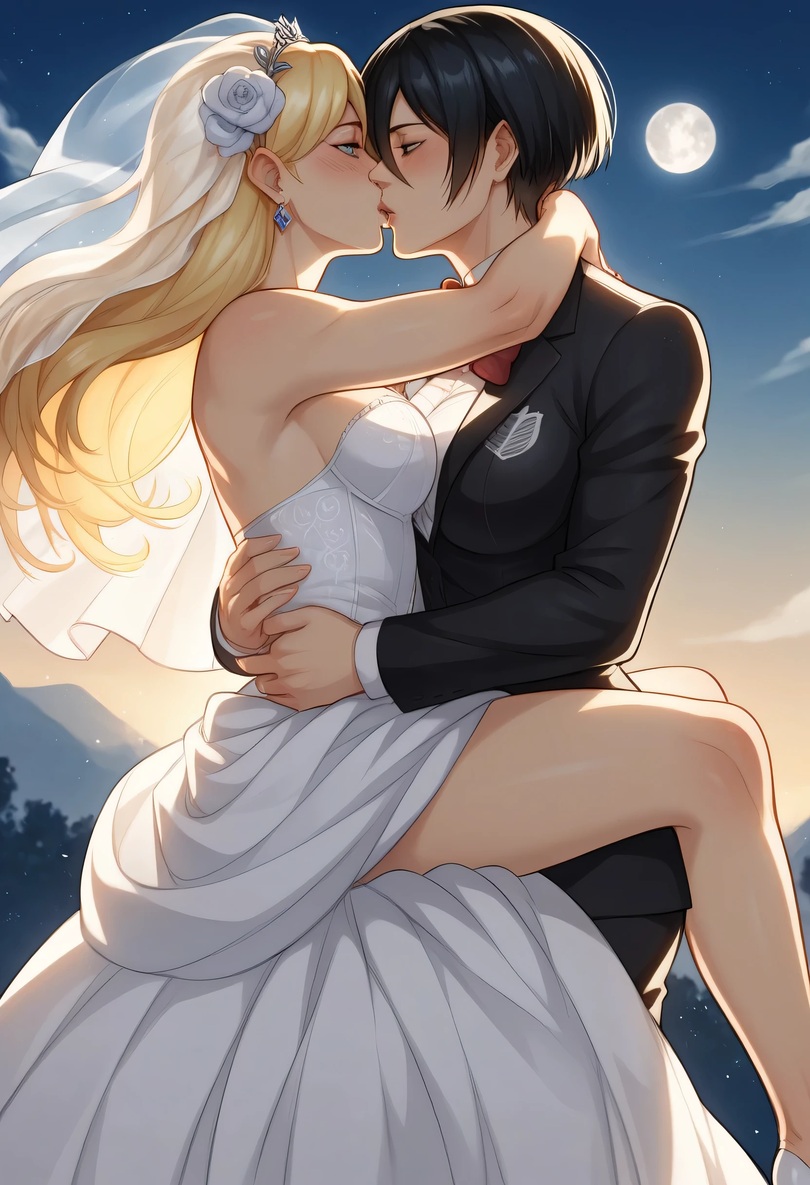 score_9, score_8_up, score_7_up, BREAK source_anime, historia reiss, blue eyes, blonde hair, long hair, medium breasts,Historia  beautiful wedding dress white,female black hair soldier with historia,Mikasa with historia are married ,mikasa wreanig black tuxedo,Mikasa female with short hair,mikasa female medium breasts,in night,moon in sky,mikasa final season,mikasa,Mikasa carries Historia hands،mikasa femboy,mikasa final season,historia blonde hair,mikasa carrying historia,Mikasa and historia in party in middle night,,mikasa final season,girls love,girl×girl,lesbians,yuri,romantic wallpapers,historia and mikasa laughs,both wreanig rings marriage,mikasa pixie cut hairstyle,historia royale wedding dress 👰,preview close character's,mikasa muscle almost appear on her black tuxedo,kissing each other,attack on titan graphics style,historia wearing beautiful royale Earrings, mikasa with tuxedo looks lustfully and manly 