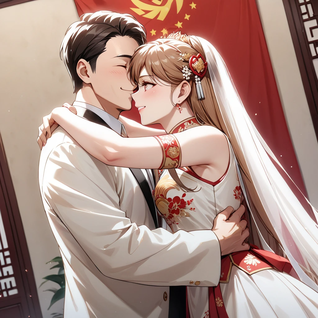 The woman who is a member of the Chinese Communist Party, both physically and mentally, is a beautiful, light-brown-haired Princess Leona, wears a Chinese bridal gown, and they hug and kiss a great Chinese Communist Party executive man, have a wedding and love each other、((Best Quality)), ((masterpiece)), ( Details), （ perfect face）,The woman is a light-brown-haired Princess Leona with outstanding proportions and is finished as a woman wearing a Chinese bridal gown in a Chinese mansion 、The woman is smiling gently