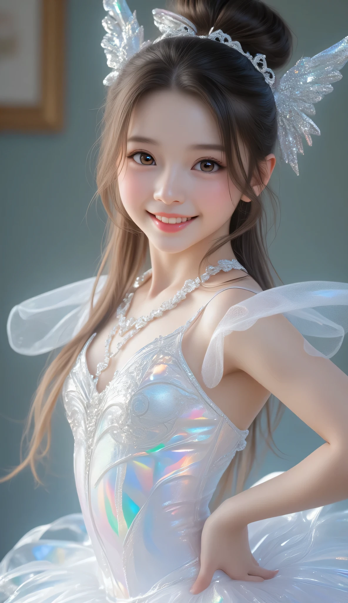 High resolution、High level image quality、16K、real live action、Raw photo、highest quality、masterpiece、23 year old elf girl、ballerina、unparalleled beauty、leotard、Wearing a tiara on your head、young face、(((beautiful girl)))、Dancing on stage、Swan Lake、long pointed ears