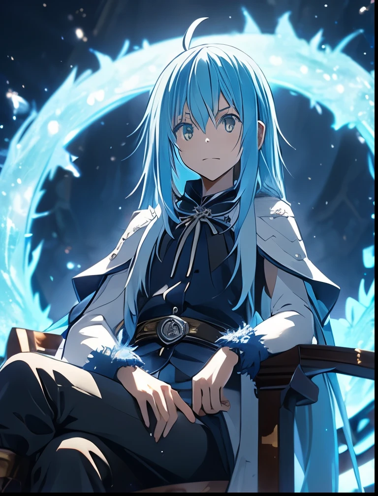 （（（ＳＦＷ、Precision、Highest quality、A first-class masterpiece、Normal body、8k、  Detailed Face 、Ultra-precision、 Normal hand、５refer to、Highest）））、-That Time I Got Reincarnated as a Slime-、Rimuru Tempest、Blue and silver hair、Demon King Supremacy 、Black magic from hands、Cross your legs and sit on the throne and stare