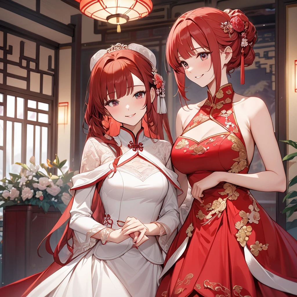woman in her 20s、two women、women only、fantasy world、official art, unity 8k wallpaper, super detailed, beautifully、beautiful, masterpiece, highest quality, Photoreal、detailed costume、Depth of bounds written, great atmosphere, Calm palette, tranquil mood, soft shading、bbw、Plump body shape、soft skin、big breasts、とてもbig breasts、smile、Hime、Pink and red dress、flower garden、Palace balcony、plant、Floral
