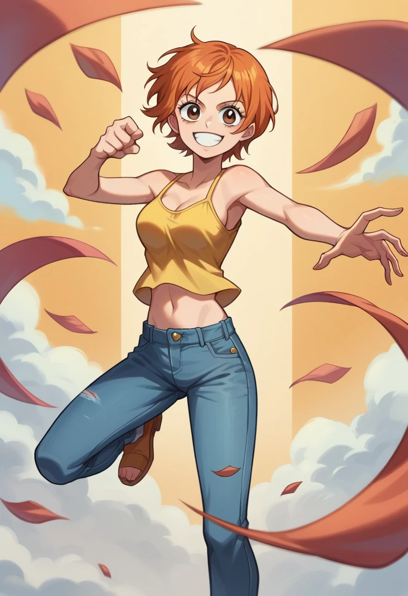 1girl, solo, nami, one piece nami, short hair,Anime,, brown eyes, One Piece, Nami, orange short hair, dynamic pose, yellow camisole top, midriff, navle, bootcut jeans, smile, smile, pink backgrownd, medium breasts,