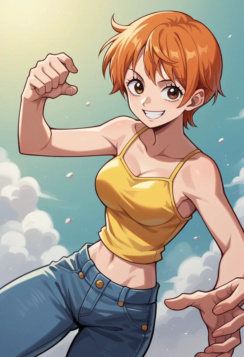 1girl, solo, nami, one piece nami, short hair,Anime,, brown eyes, One Piece, Nami, orange short hair, dynamic pose, yellow camisole top, midriff, navle, bootcut jeans, smile, smile, pink backgrownd, medium breasts,