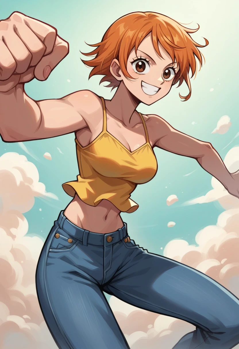 1girl, solo, nami, one piece nami, short hair,Anime,, brown eyes, One Piece, Nami, orange short hair, dynamic pose, yellow camisole top, midriff, navle, bootcut jeans, smile, smile, pink backgrownd, medium breasts,