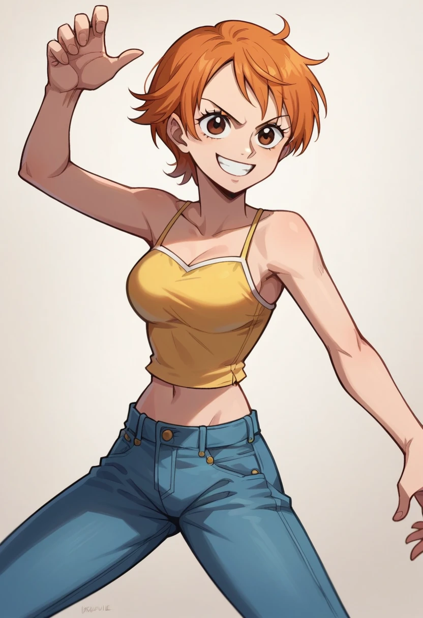 1girl, solo, nami, one piece nami, short hair,Anime,, brown eyes, One Piece, Nami, orange short hair, dynamic pose, yellow camisole top, midriff, navle, bootcut jeans, smile, smile, pink backgrownd, medium breasts,