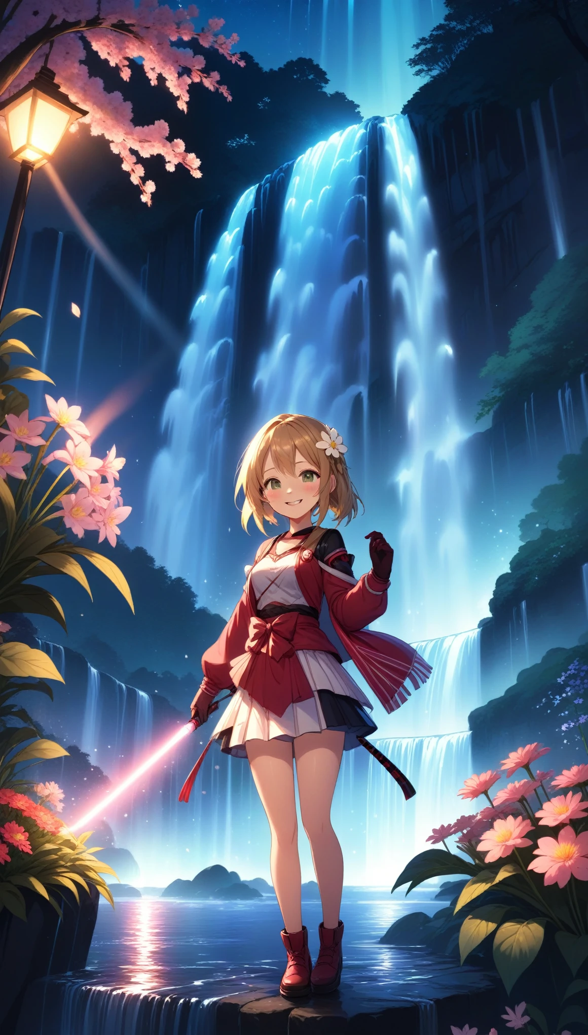 a girl, katana, gloves, cute smile, standing, flower, glowing waterfall, night, 8k, ultra-detailed, anime, masterpiece