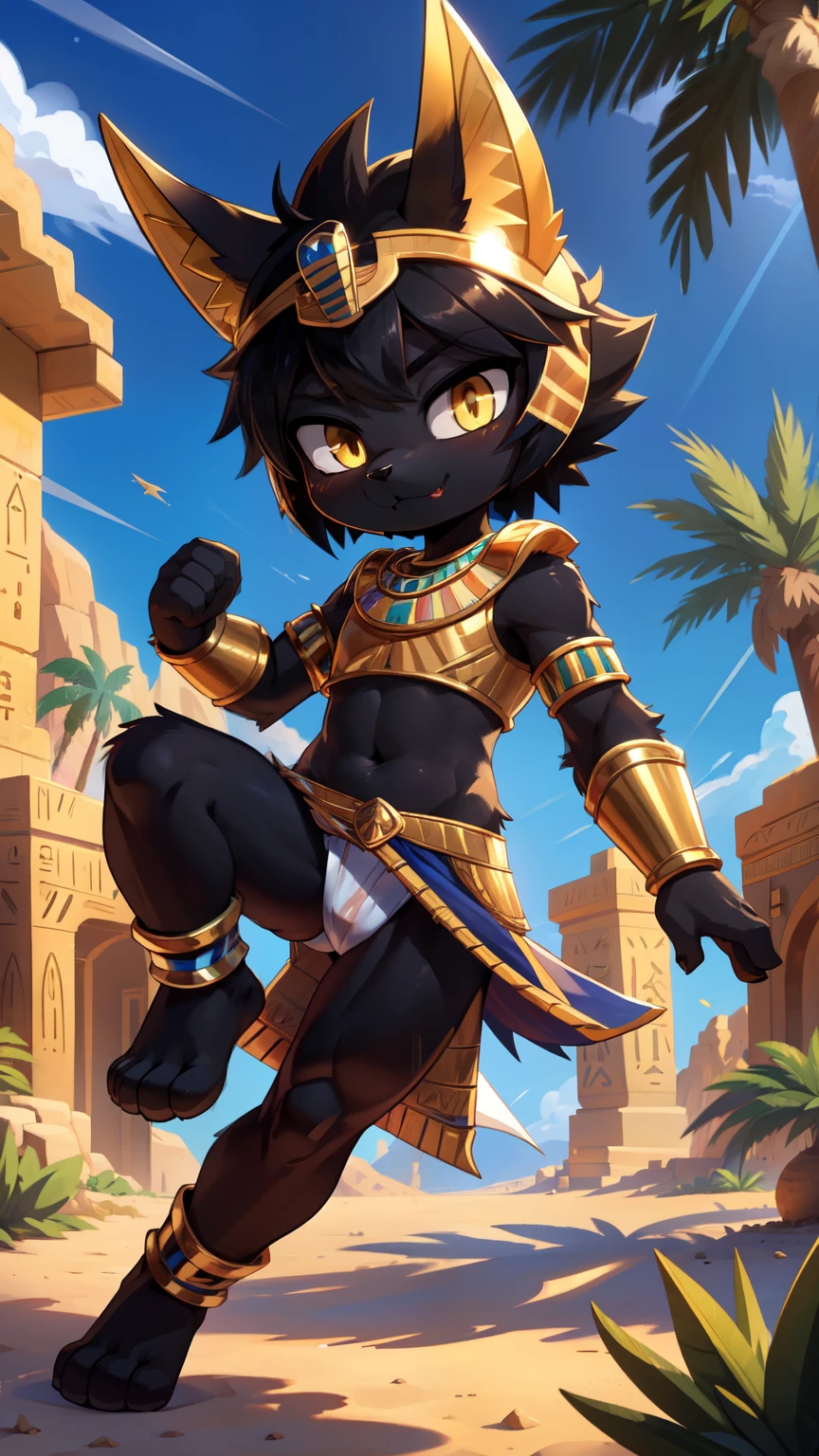 score_9,score_8_up,score_7_up, source_cartoon, source_furry, Anubis, Furry shota, jackal, black hair, short spiky hair, yellow eyes, detailed body fur, ((minuscule Egyptian antique clothes, cute sexy and almost naked, gold crop top armor, midriff, gold helmet, white fundoshi)), masterpiece, looking at you, fangs, black body fur, detailed face, big eyebrows, detailed eyes, detailed body, detailed body fur, detailed hands, flat body, glistering body, shiny body, skinny, perfect lighting, perfect shadows, perfect eyes, perfect hair, perfect face, gorgeous body, solo, :3, full body, feets with three toes, desert, oasis, palm tree, clear sky, motion blur, kick at viewer, 