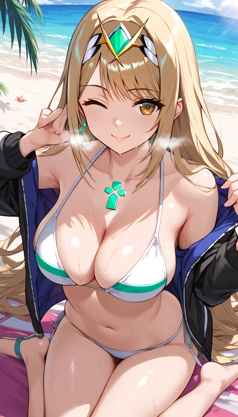 Best Quality,  soft light,  super high definition, cute, beautiful face down to the smallest detail, High Resolution Details of Human Skin Textures, shiny skin,sweat,Heat, white breath ,Mithra, Xenoblade in groups,Long Hair,bikini,Take off your jacket,smile,whole body,Wink, closed mouth ,beach,sunlight, one girl playing pranks