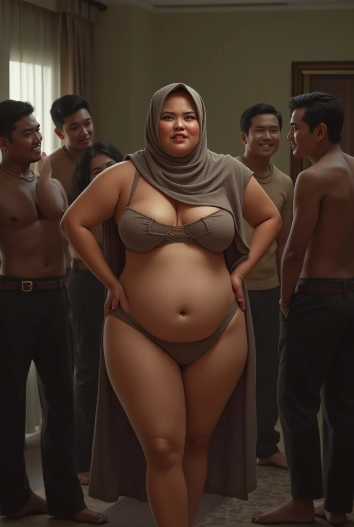 Compose a striking and cinematic photograph featuring a beautiful Indonesian woman in black hijab, provoke pose, body fat, chubby cheeks, thick things, no clothes, no underware, exposed thick things, (show pussy:1.3), surrounded by her loyal female followers. Use dramatic and moody lighting techniques to create a compelling atmosphere that highlights the intensity and power dynamic within the group. Pay special attention to the woman's confident and enigmatic expression as she commands the respect and allegiance of her followers. Capture the essence of their unity and authority, evoking a sense of intrigue and strength that defines their presence in the underworld."