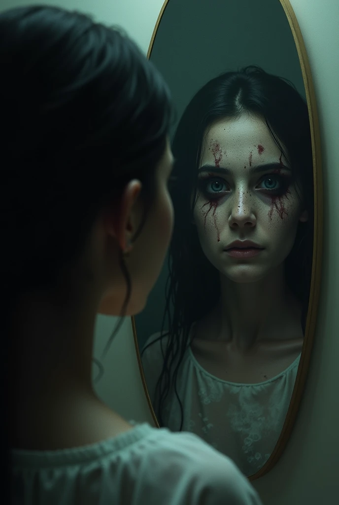 cinematography, full shot of a girl with long straight black hair, wearing a dirty hospital gown, standing in a weird way, capture through the cracked window glass, realistic skin texture, rule of the thirds, bokeh, mystery, horror, unholy, eerie, creepy, moody lighting, in the style of denis villeneuve, film still, cinestill 800