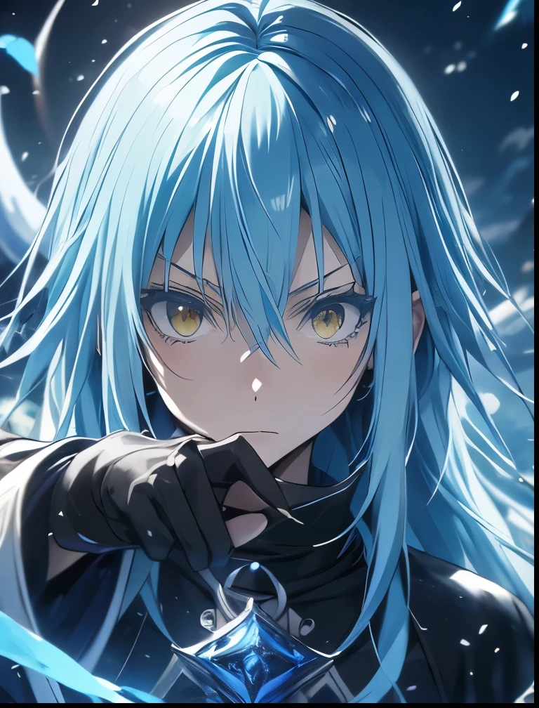 (((SFW、Precision、Highest quality、A first-class masterpiece、Normal body、8k、 Detailed Face 、Ultra-precision、 Normal hand、5refer to、Highest)))、-That Time I Got Reincarnated as a Slime-、Rimuru Tempest、Blue and silver hair、Demon King Supremacy 、Black magic from hands、Black Sword