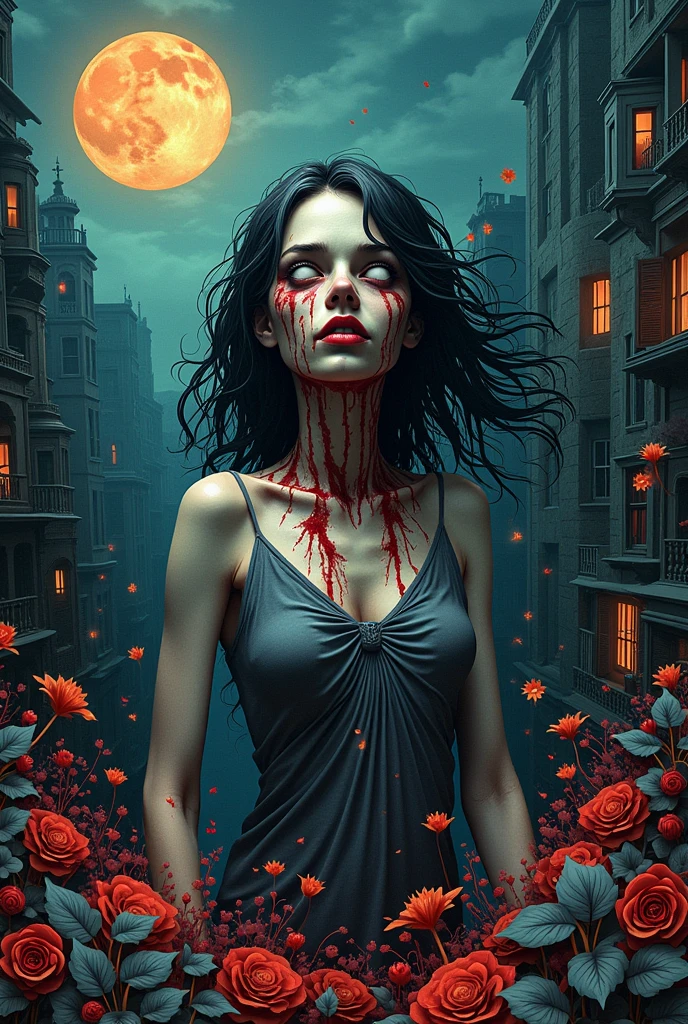 In main focus a couple embracing, ambos, a mulher e o homem olhando apaixonadamente um para o outro e abaixo deles a cena de uma cidade devastada, Dark and destroyed, com pessoas guerreando com criaturas de trevas, Dark and romantic fantasy book cover, magia, tons de vermelho