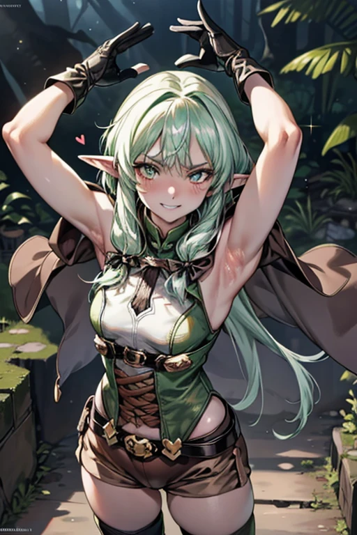 (from above:1.2),(armpit focus:1.3), looking up, standing, (cowboy shot),  arms behind head, head tilt, (spoken heart),
seductive grin smug, embarrassed, drunken eyes, blush,
1girl,Fairy Archer,Elf,
 high resolution on down,Sharp focus,(Super detailed, very detailed),( very detailed CG unity 8k wallpaper),((( vibrant colors))),{best illustration},
very shiny 肌, shiny body,plastic glitter 肌,exaggerated shiny 肌,illuminated skin,(complete anatomy),
 beautiful eyes, symmetrical eyes,Big Eyes:1.5,Seductive eyes, cameltoe at the lecture,erection of nipple,
Pointy Ears,Green Hair,Long Hair, side lock,Green Eyes, hair bow,Small breasts,(Perfect hands,  perfect anatomy),
Cape, black gloves,Green thigh-high socks,belt, brown shorts ,beltバッグ,

tree々Buried in ruins,Rubble pile,weed,Cracked cobblestones,Mossy wall,Waterway,Plants are overgrown,
