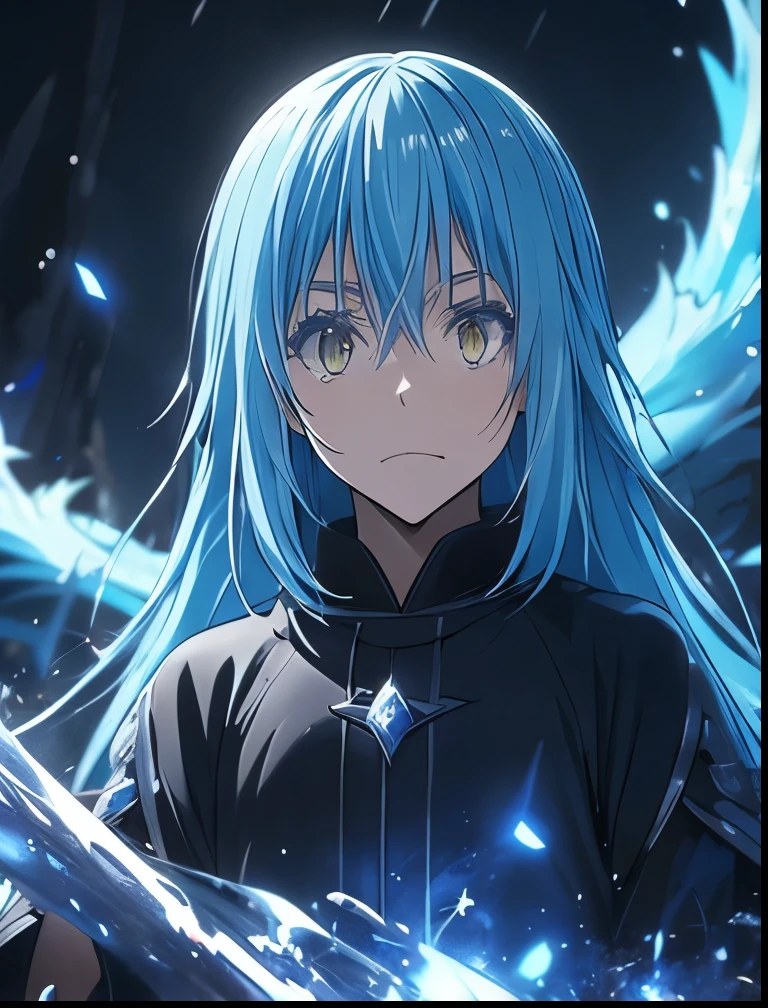 （（（ＳＦＷ、Precision、Highest quality、A first-class masterpiece、Normal body、8k、  Detailed Face 、Ultra-precision、 Normal hand、５refer to、Highest）））、-That Time I Got Reincarnated as a Slime-、Rimuru Tempest、Blue and silver hair、Demon King Supremacy 、Black magic from hands、Black Flame