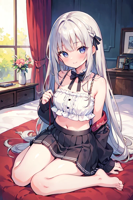 (best quality, masterpiece:1.2), ultra detailed, extremely detailed eyes and face, natural skin texture, detailed skin, natural lighting,
 chibi, 1 girl, 12-years-old, (cute),
 silver hair, middle hair, straight hair, shiny hair, very long hair,
 Big black eyes,
 Big chest, full body shot, smiling, embarrassed, sleeveless, cleavage, midriff, mini skirt, sitting on the beds