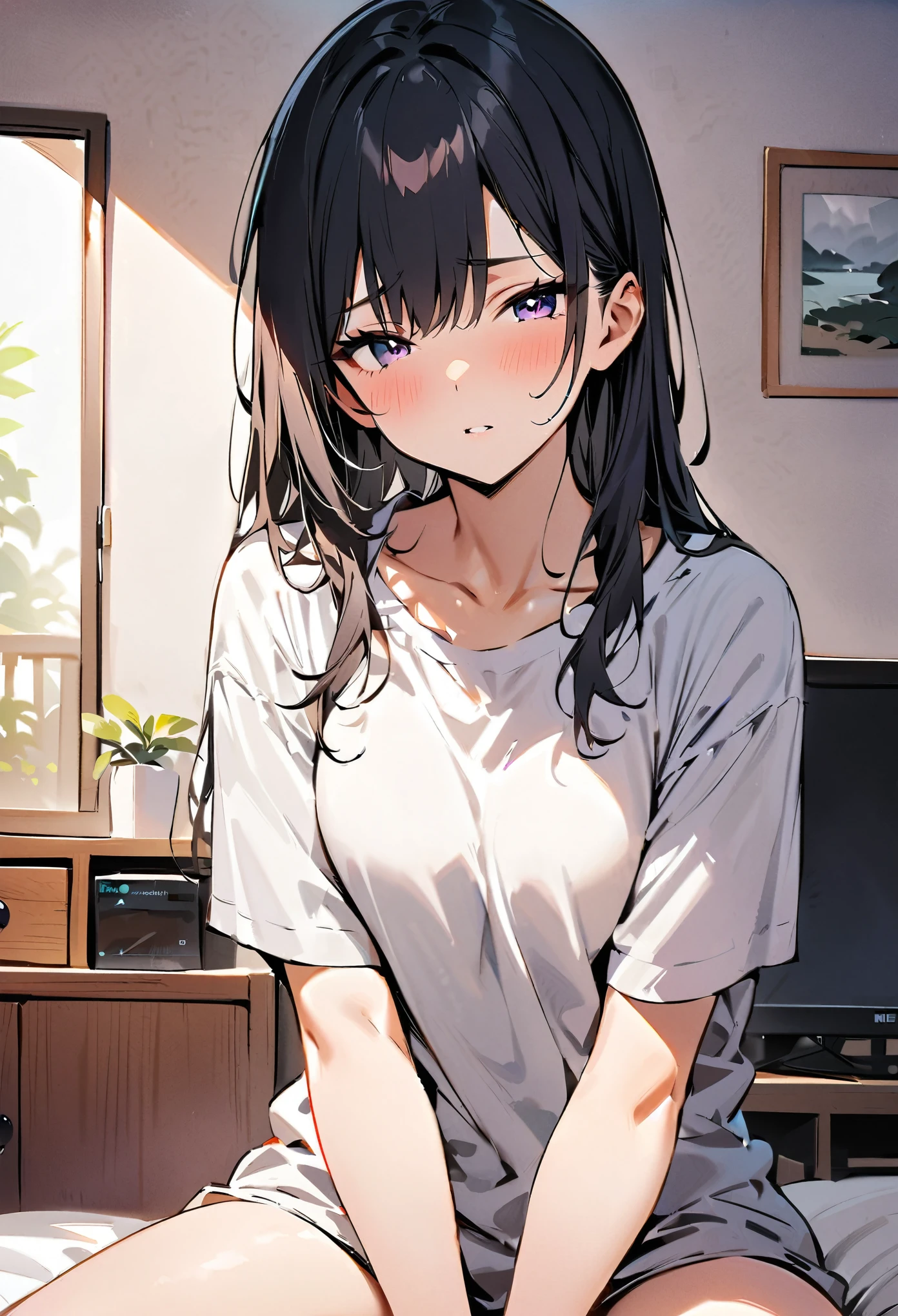 (Higher resolution, clearly_image) Best quality, A woman, masterpiece, Very detailed, Semi-realistic, 21 years old, beautiful, young, Handsome, t-shirt, Lilac shirt pull, Collar around the neck, Internal, modern room, window, wake up, morning, blush, Smile