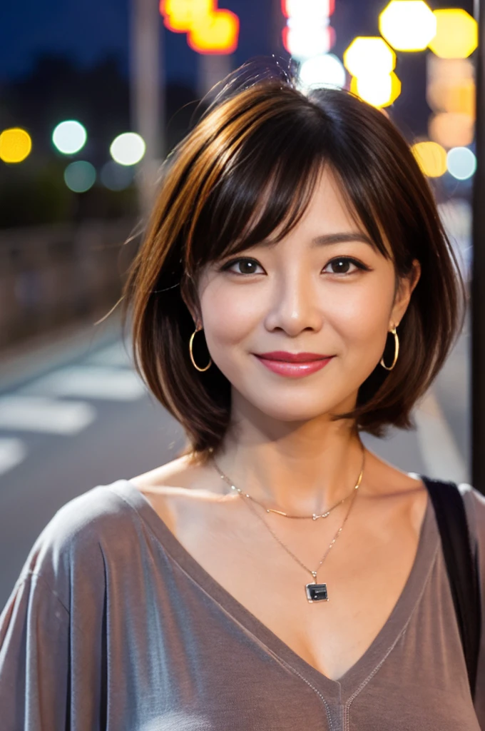 ((nsfw, Best quality, 8k, Masterpiece :1.3)), big nipples, armpit, Japanese hot milf worker with horny body, pubic hair, Ultra-detailed face, Detailed eyes, Double eyelid, smiling, a coquettish look, bob hairstyle, wearing a black cami sole, and pants, necklace and earrings, in a big city, outdoor,