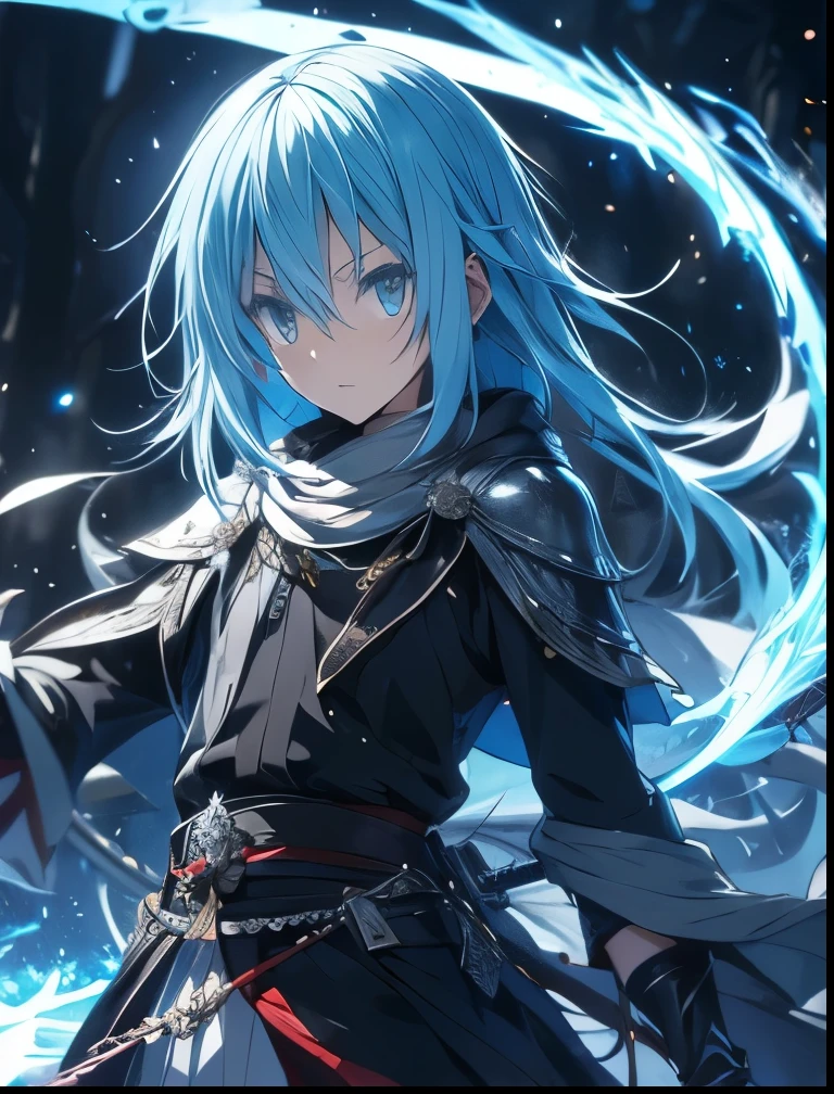 （（（ＳＦＷ、Precision、Highest quality、A first-class masterpiece、Normal body、8k、  Detailed Face 、Ultra-precision、 Normal hand、５refer to、Highest）））、-That Time I Got Reincarnated as a Slime-、Rimuru Tempest、Blue and silver hair、Demon King Supremacy 、Black magic from hands、Wield a Japanese sword with a black flame、