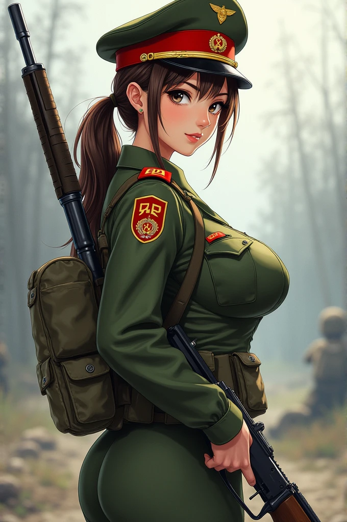 masterpiece, ultra detail, Woman, brown hair, green eyes, freckles, hair with braids, camouflage cape, military hat, sniper, unfirome USSR ww2 sexy, open knees, sexy pose, battlefield, crouched, holds sniper ww2, thighs wide, big breasts, shows pussy