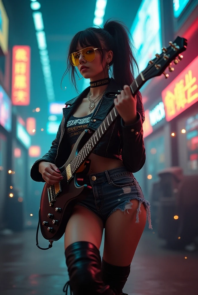 Create prompt for generating an image A glamorous naked mature white woman sitting on the rooftop of a tall tokyo, looking down at a horde of zombies trying to climb up from below. The zombies are all over the city of tokyo.dark brunette One-length Perfectly straight very long wet hair,She's playing a black Gibson Les Paul with a tattered, peeling paint job、Marshall Amplifier、very huge sagging bare Breasts,Very large, pendulous breasts、Perfect nude proportions of a glamorous mature woman、Wet stray cat、Tokyo's neon streets on a rainy night、