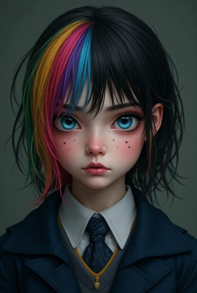 a close up of a child with colorful hair and makeup, colorful and dark, colorful, colored photography, evil. vibrant colors. cute, goth clown girl, color photograph portrait 4k, colorful photo, cute face. dark fantasy, with haunted eyes and crazy hair, colorful hairs, with haunted eyes and wild hair, highly contrasted colors, color portrait