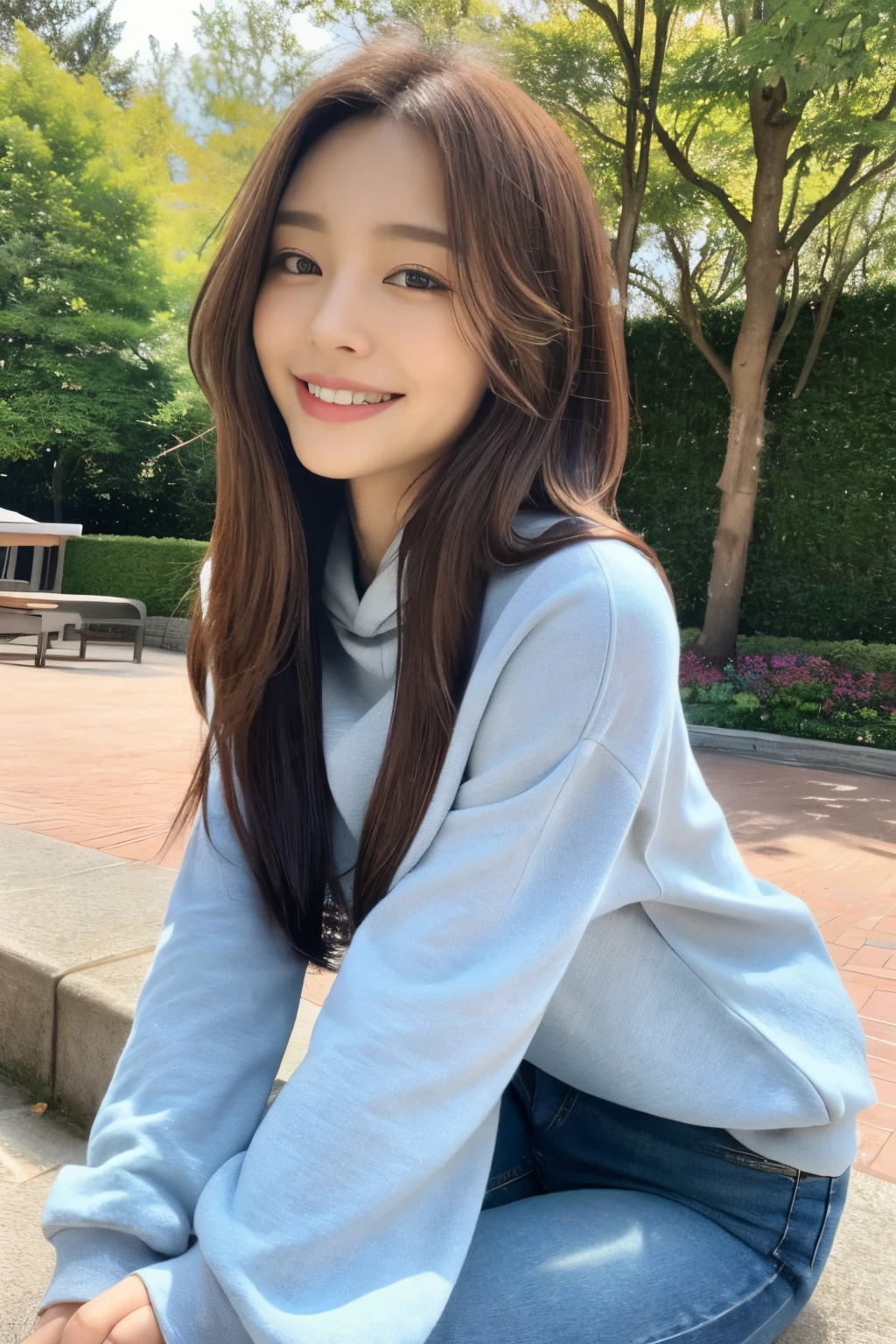 Girls、Light blue long sweater,A dark-haired、The upper part of the body、cute little、A slight smil、An ultra-high picture quality、top-quality、masterpiece、Sitting on a bench、A slight smil、Autumn sky
