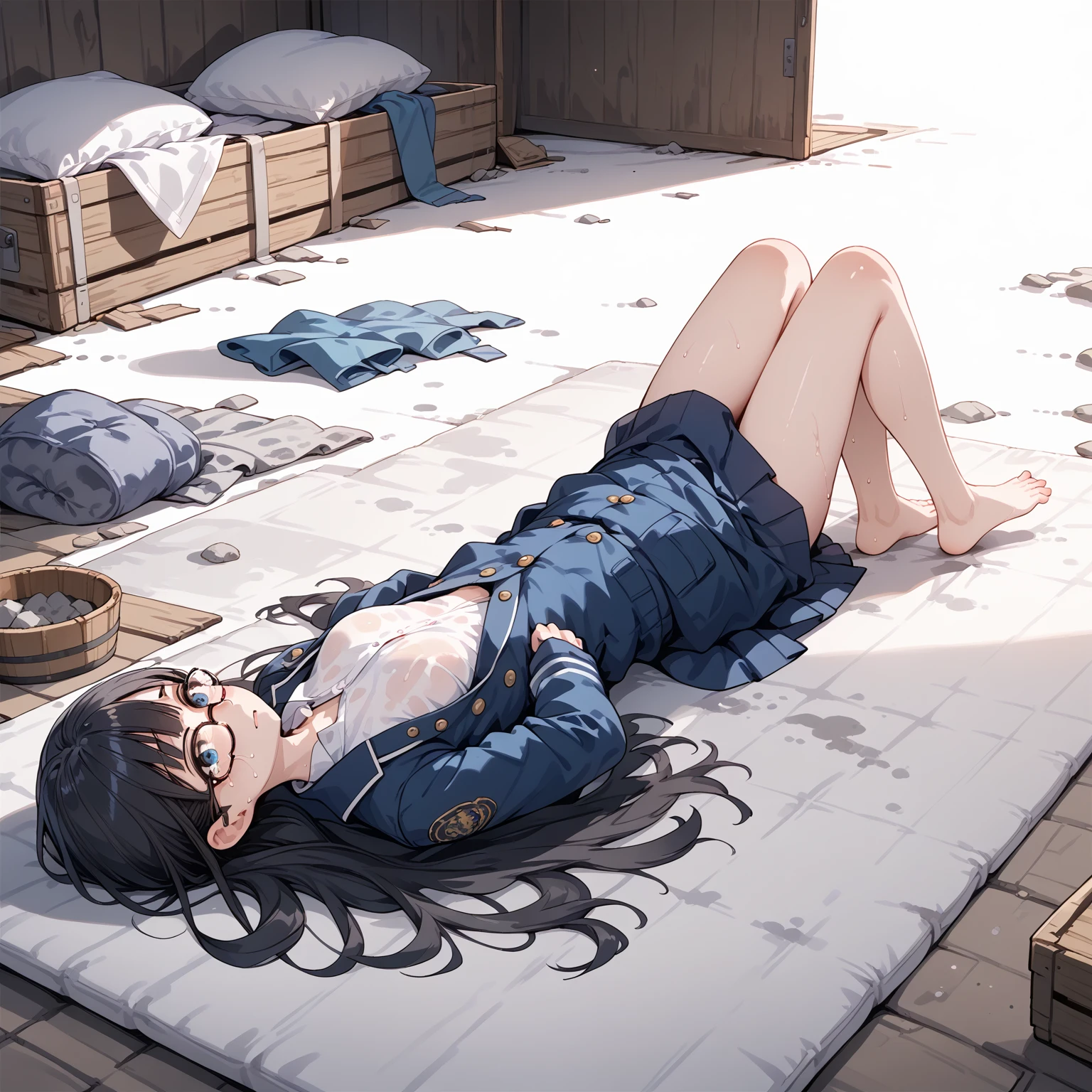 Black Hair, long hair,Glasses,Frightened expression,tears,Sweaty, white shirt,Navy blue jacket , blue check skirt,Dirty clothes,barefoot,Attic,hot,Lying on your back, dirty mattress ,dust
