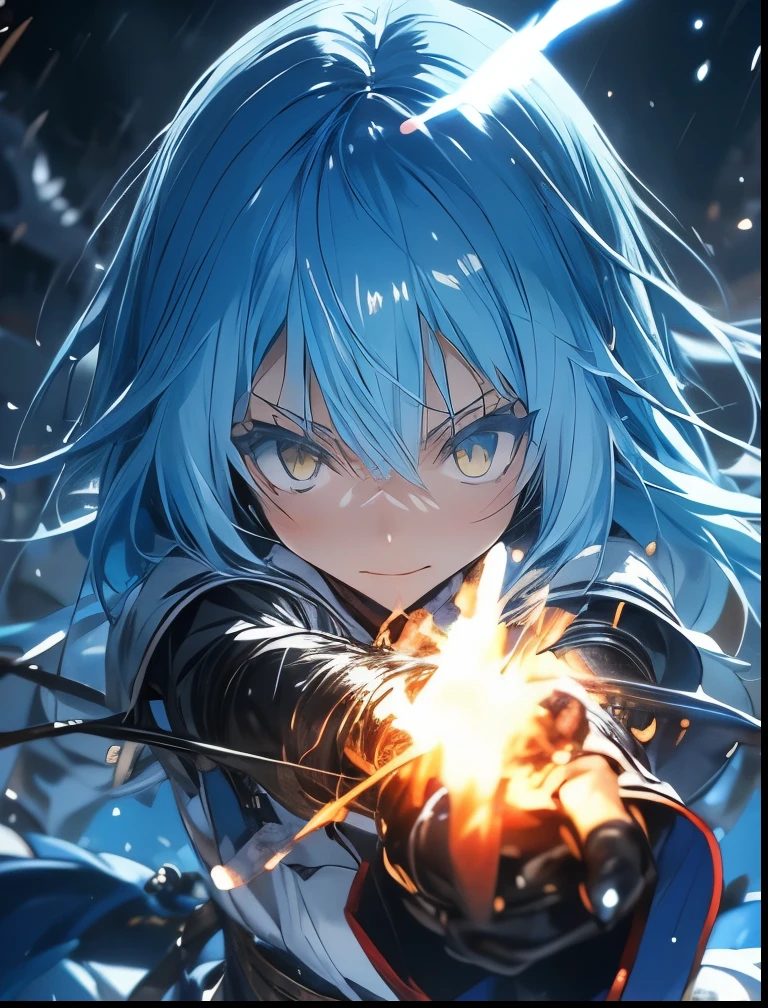 (((SFW、Precision、Highest quality、A first-class masterpiece、Normal body、8k、 Detailed Face 、Ultra-precision、 Normal hand、5refer to、Highest)))、-That Time I Got Reincarnated as a Slime-、Rimuru Tempest、Blue and silver hair、Giving off demon supremacy from his whole body 、Black magic from hands、 wield a Japanese sword with a black flame、