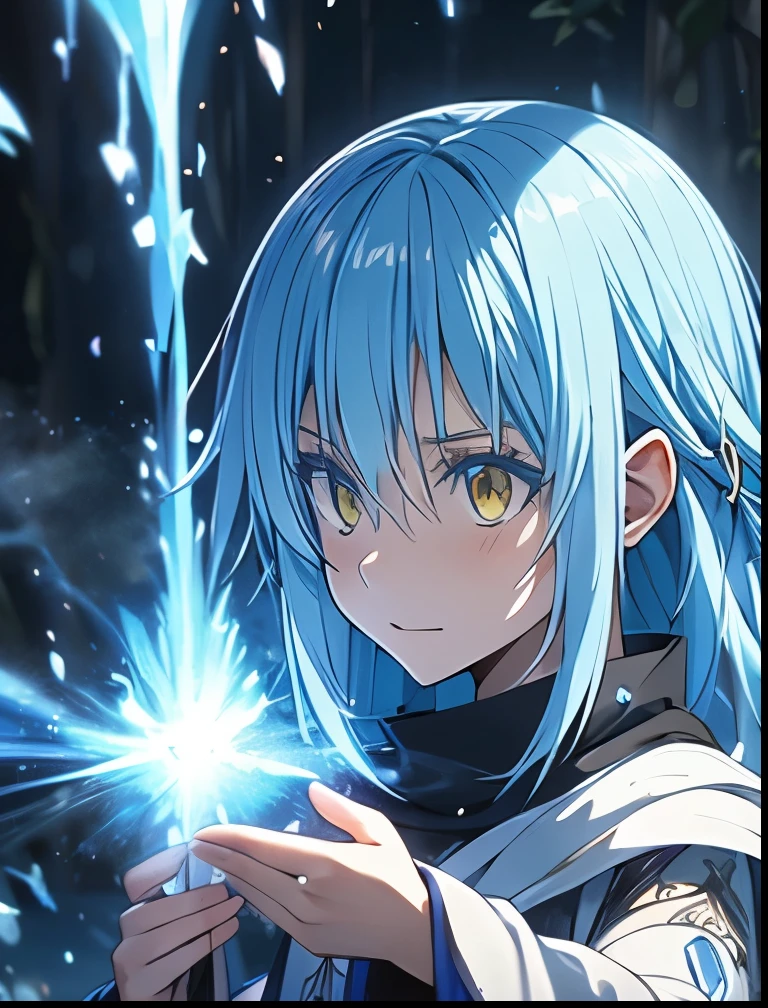 (((SFW、Precision、Highest quality、A first-class masterpiece、Normal body、8k、 Detailed Face 、Ultra-precision、 Normal hand、5refer to、Highest)))、-That Time I Got Reincarnated as a Slime-、Rimuru Tempest、Blue and silver hair、The rainbow camouflage demon king supremacy 、 emits black magic element from holding out his hand