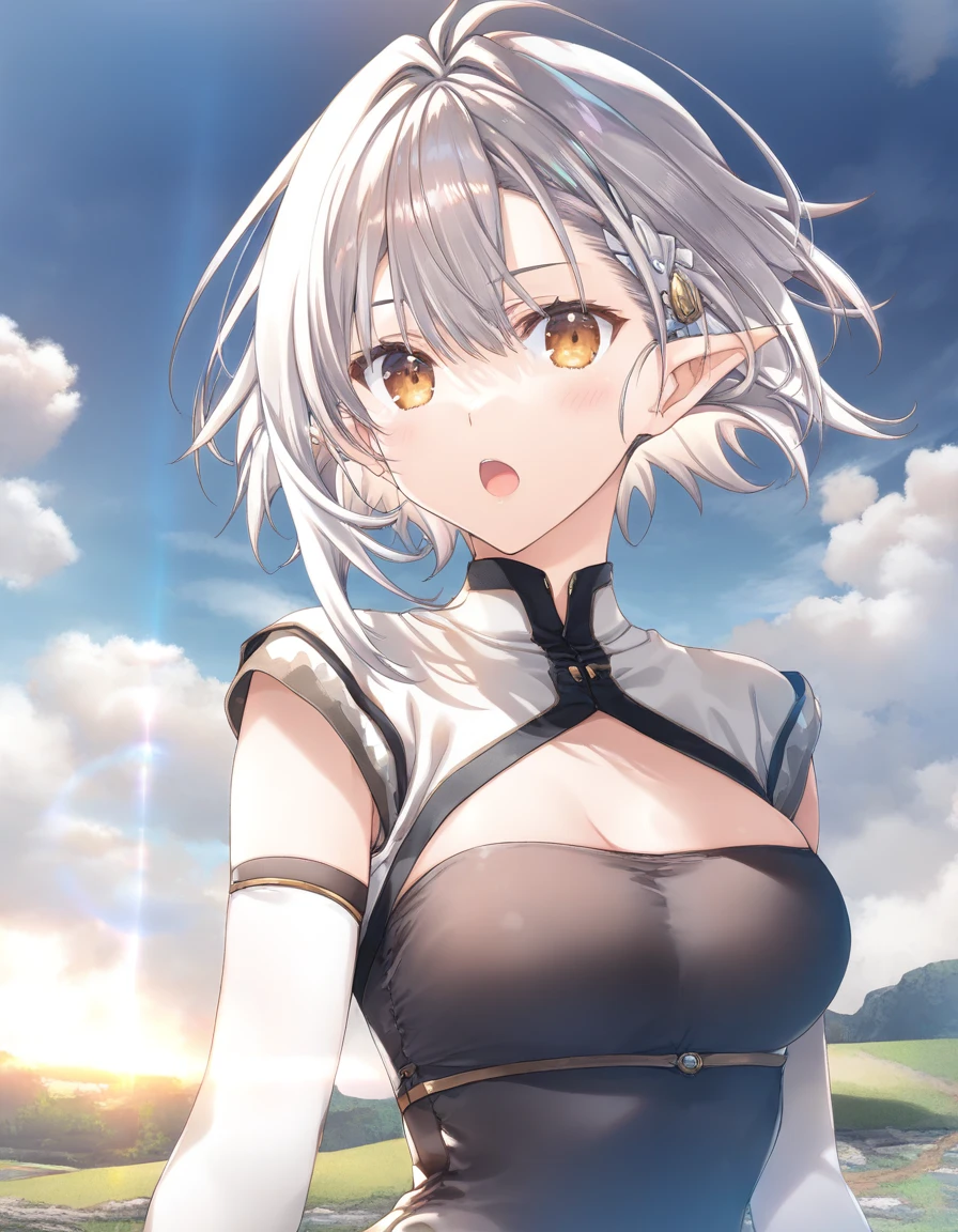 ninym <lora:ninym_ralei:0.8>, small breasts, white hair, white shirt, sideboob, beautiful face, red eyes, smile, (masterpiece:1.2), best quality, absurdres, highres, extremely detailed wallpaper, perfect lighting, outdoors, grass, field,