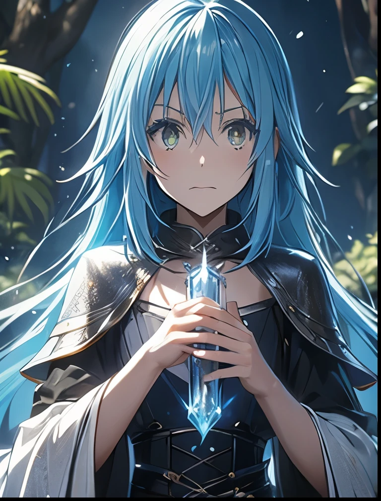 (((SFW、Precision、Highest quality、A first-class masterpiece、Normal body、8k、 Detailed Face 、Ultra-precision、 Normal hand、5refer to、Highest)))、-That Time I Got Reincarnated as a Slime-、Rimuru Tempest、Blue and silver hair、The rainbow camouflage demon king supremacy 、Hold out your hand and release black magic