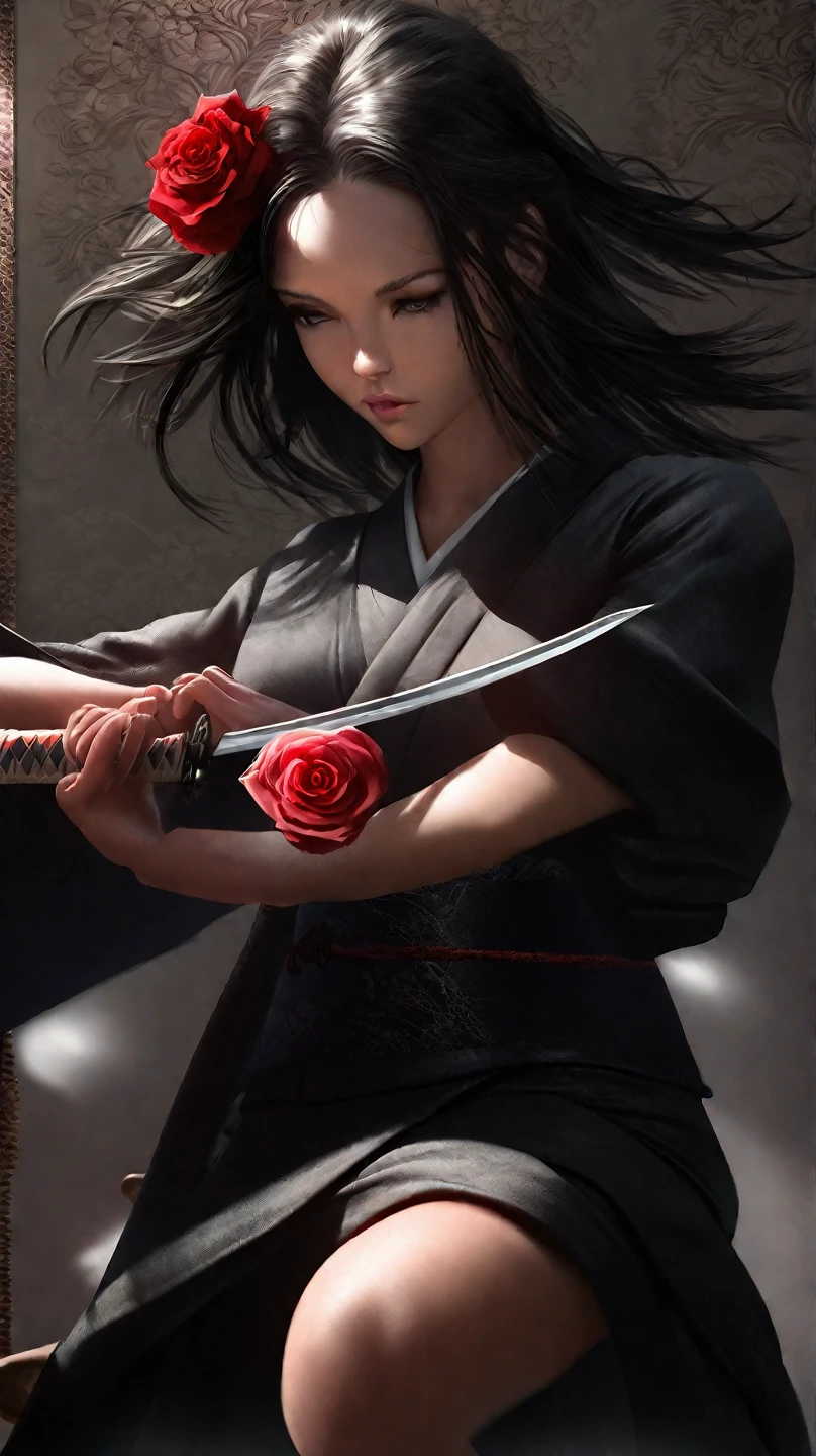 (Masterpiece、High image quality、 high definition、4K、8k、 detail)、 A beautiful female samurai, in a calm posture, swings her sword down and cuts off a single rose. The sword thrusts with precision, separating the rose from its stem in mid-air. She wears a jet-black traditional Japanese kimono and directs her intense gaze at the rose. Her hair flows slightly as she moves, adding elegance to the powerful swing. The simple background (minimalist 1.2) and soft lighting highlight her and the rose, capturing the beauty and skill of the moment. A scene of tension and beauty. Photorealistic, wallpaper, CG unity at its best.