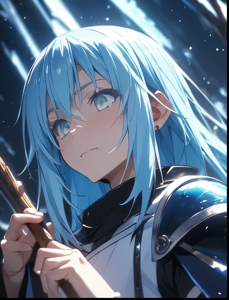 （（（ＳＦＷ、Precision、Highest quality、A first-class masterpiece、Normal body、8k、  Detailed Face 、Ultra-precision、 Normal hand、５refer to、Highest）））、-That Time I Got Reincarnated as a Slime-、Rimuru Tempest、Blue and silver hair、Dark rainbow supremacy、Stick your hands forward and release black flames from your palm