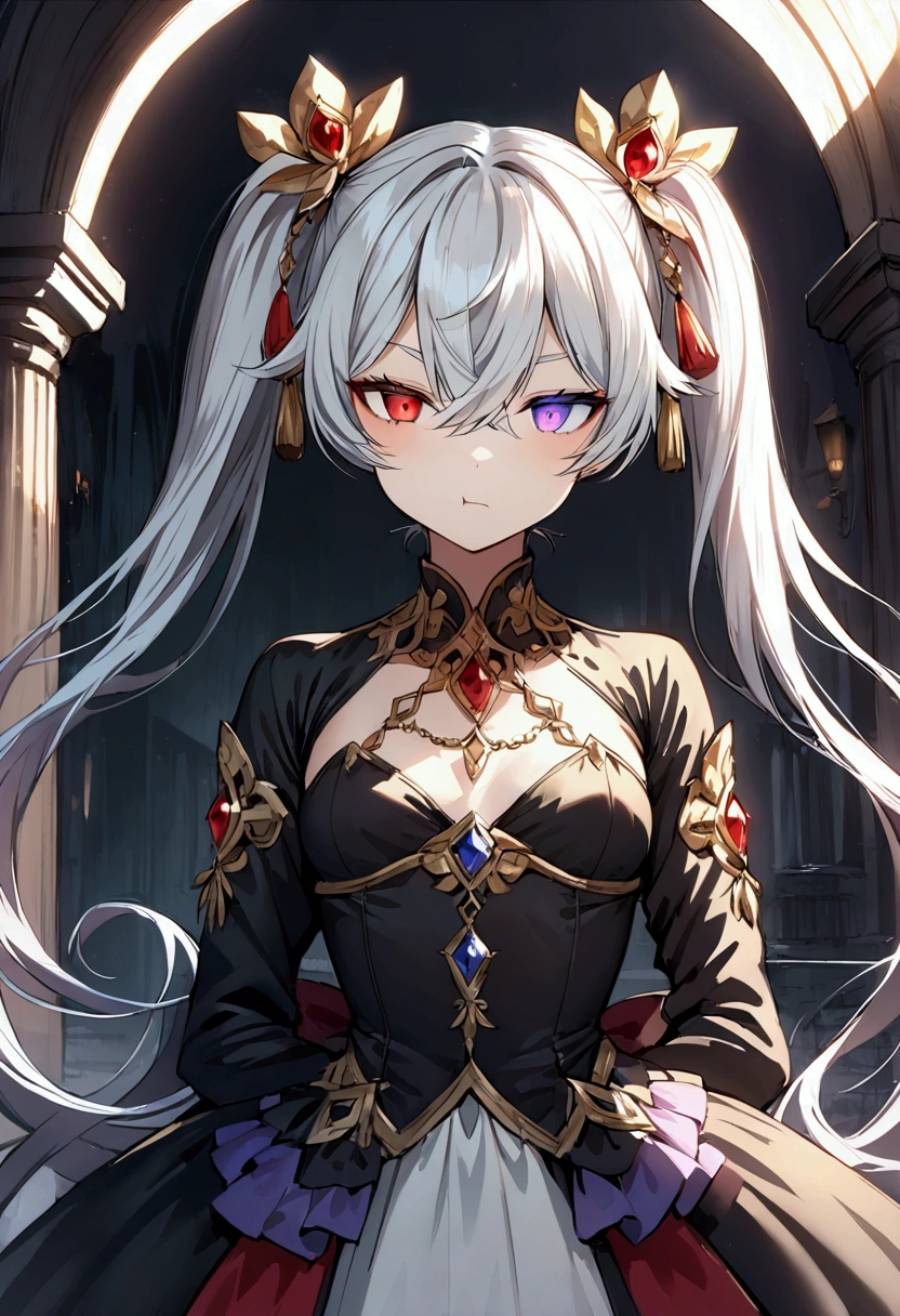 masterpiece, best quality, 1woman, adult, female focus, solo, white hair, vibrant red eyes, looking at viewer, closed mouth, bangs, Fantasy aesthetics, Highly detailed, shadowverse style, black dress, elegant queen